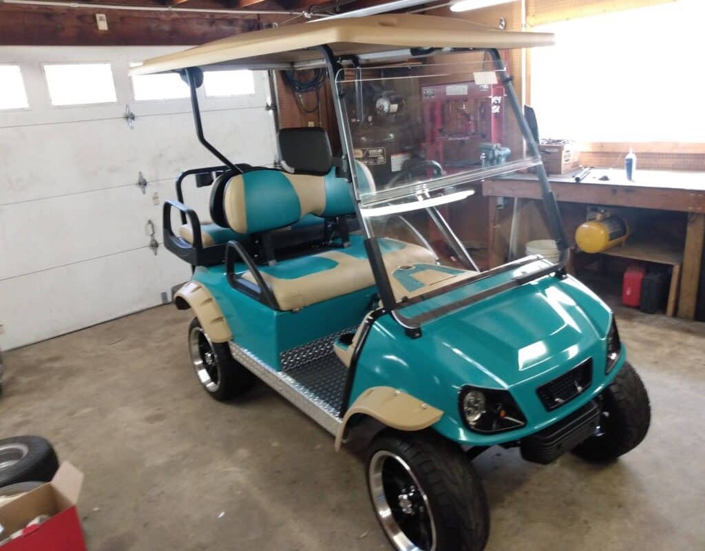 Blue and tan golf cart for rent at Golf Carts Atlanta