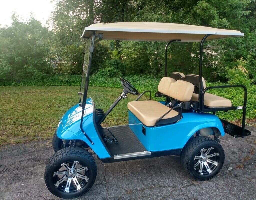 Blue four-seat golf cart for rent at Golf Carts Atlanta