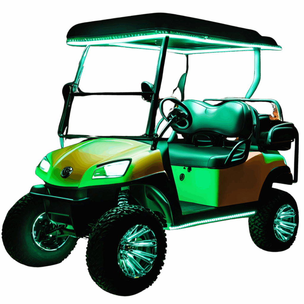 Customized golf cart with LED lights and premium wheels from Golf Carts Atlanta.