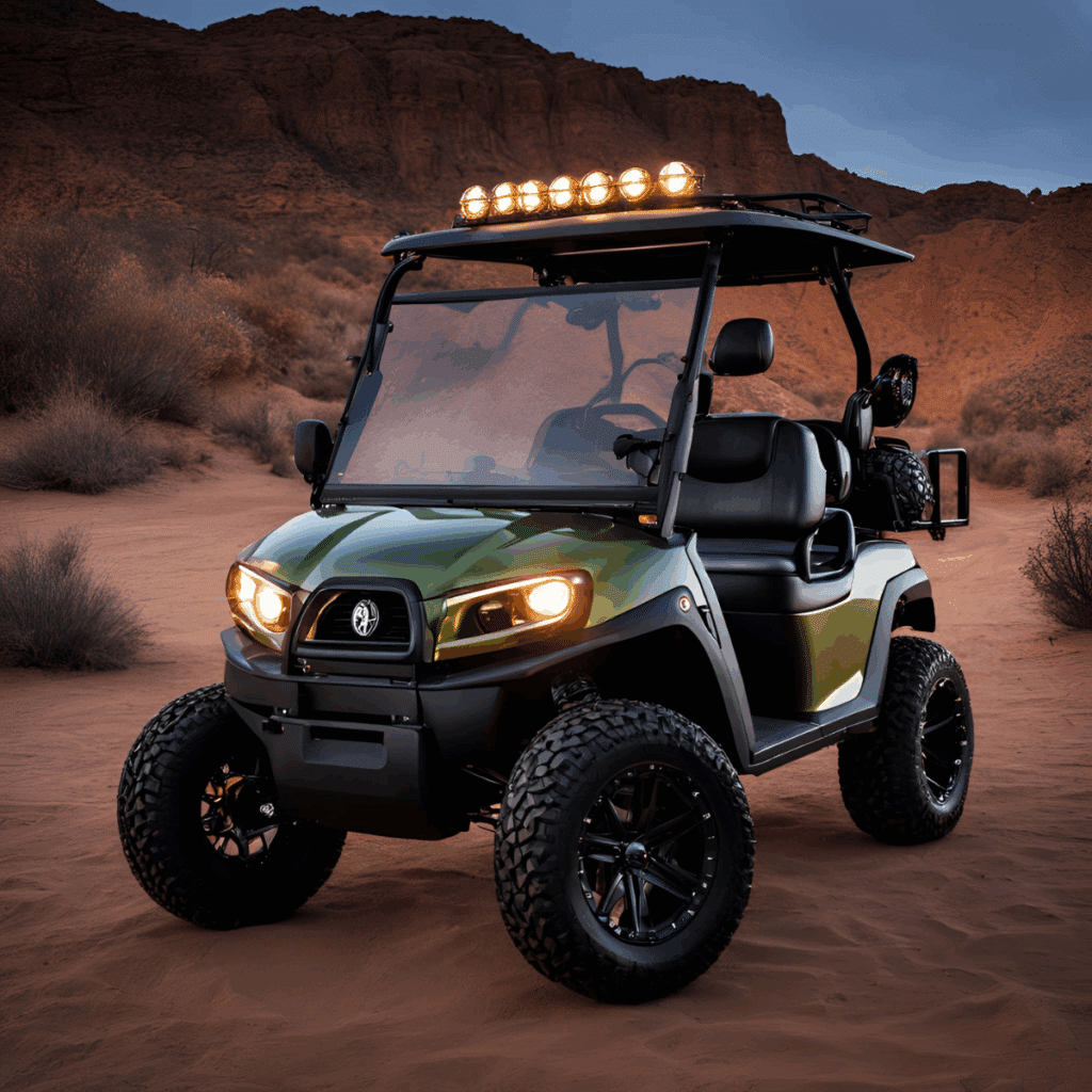 Custom Yamaha off-road golf cart with upgraded tires and LED lights for Golf Carts Atlanta.
